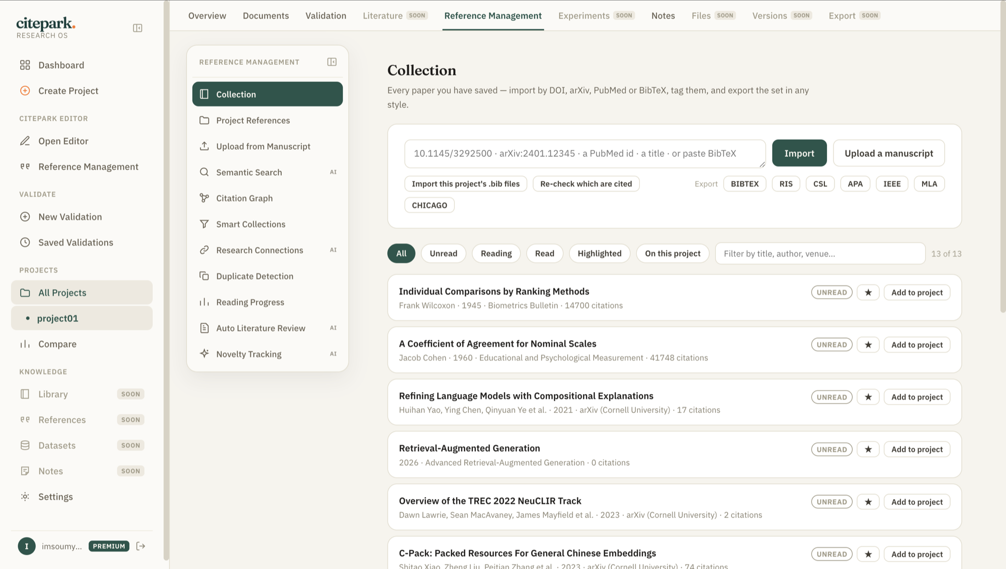 CitePark reference management: a saved collection of papers with an import field for DOI, arXiv, PubMed or BibTeX, export style buttons, and read-state filters